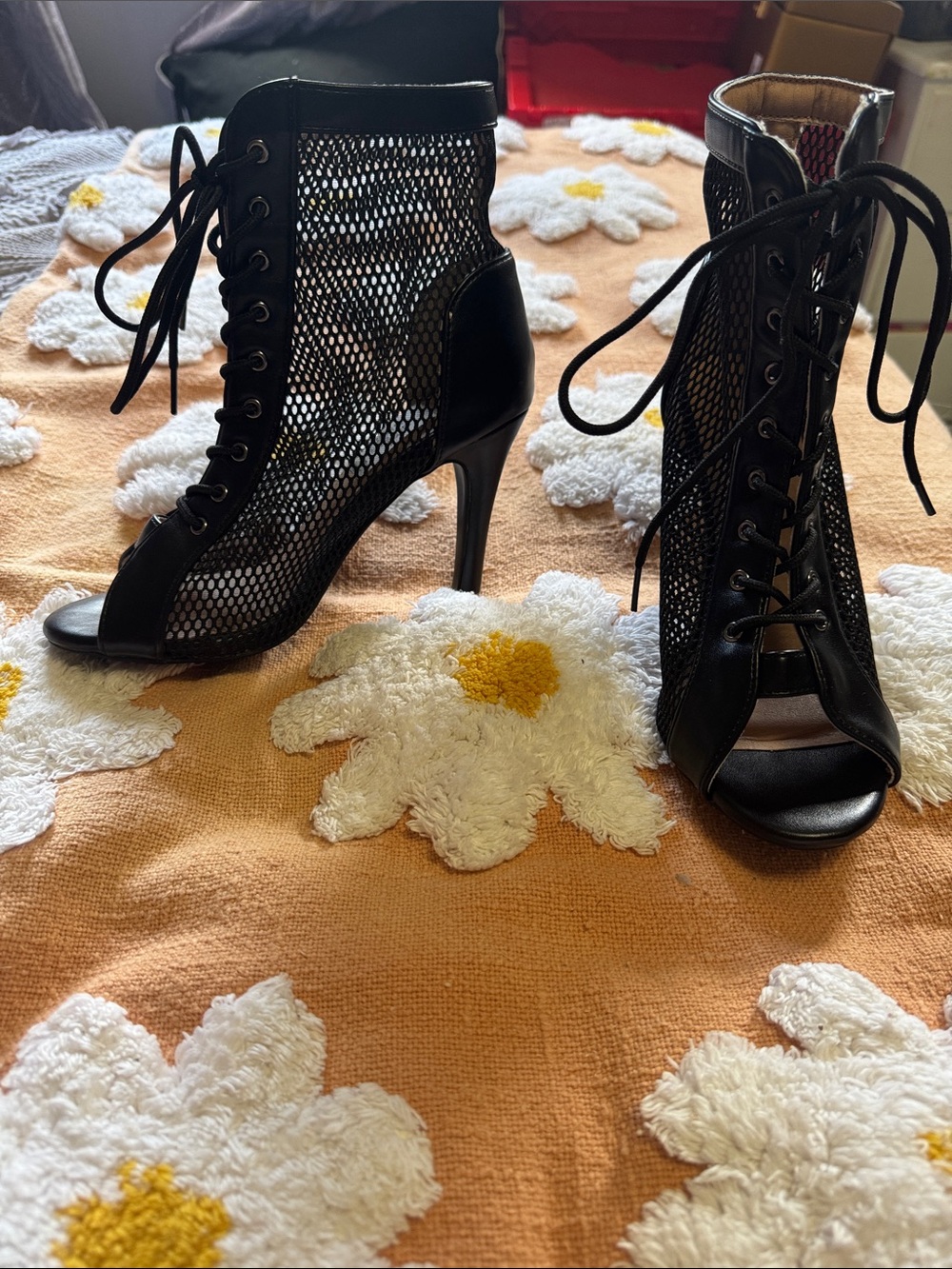 Lace-Up Black Mesh Peep-Toe Heeled Booties